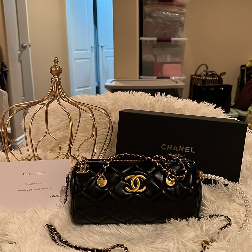 Chanel Vegan leather little barrel/duffle bag, Black w/gold hardware and strap